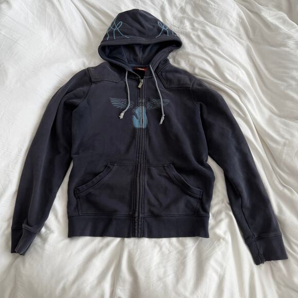 Topo Ranch Angel Wing Zip Up Hoodie Navy Blue Y2K Skate Size M - Picture 1 of 9